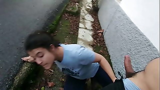 Outdoor blowjob and cum on mouth