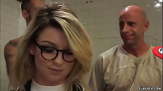 Sexy blonde journalist Aspen Ora took by group of football players and got double penetration fucked by their big dicks in locker room