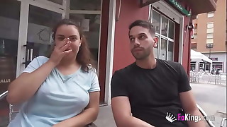 Busty broad seduces a stranger in the street and flashes her tits